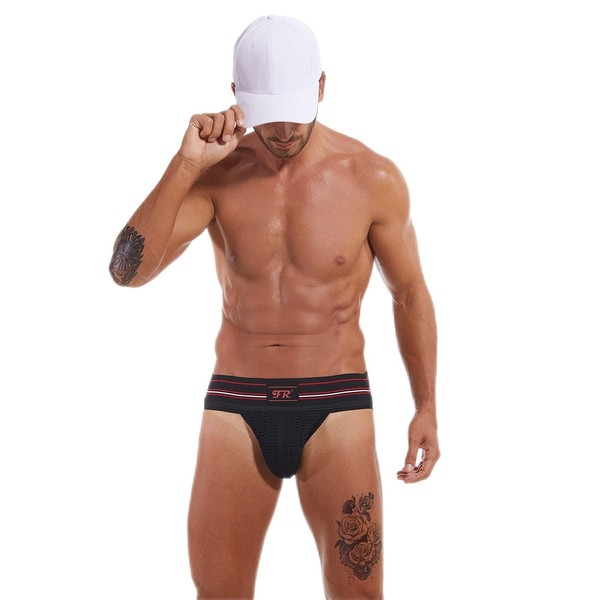 F plus R Mens Strip Waistband Athletic Supporter Jockstrap Sexy Swimwear Black Medium