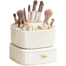 UrbAmerican 360° Rotating Makeup Brush Holder with Drawer, Makeup Organizer Countertop, Makeup organization Skincare Storage for Vanity Desktop Bathroom