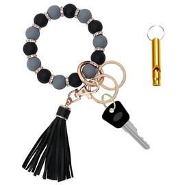 Tkoprtu pulsera llavero para mujer, llavero para llaves de coche, llavero elástico con abalorio, Negro/Gris oscuro, M