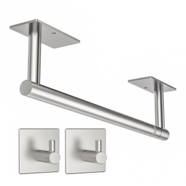 WZKALY Paper Towel Holder Under Cabinet, Self Adhesive or Wall Mounted SUS304 Stainless Steel Paper Towel Holder for Kitchen, Bathroom(2 Towel Hooks, Silver)