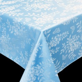 CAIT CHAPMAN HOME COLLECTION Solid Color Spring Garden with Butterflies and Flowers Jacquard Woven Tablecloth (60" x 84" Rectangular, Light Blue)