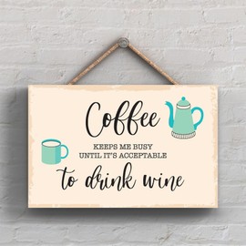 Global Designs Coffee Until Wine Minimalistic Illustration Kitchen Themed Artwork On A Hanging Wooden Plaque