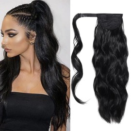 FAELBATY Ponytail Extension Long Curly Wave Magic Paste Black Ponytail Extension Wrap Around Ponytail Hair for Women Heat Resistant Synthetic Hair Ponytail(20Inch 1B#)