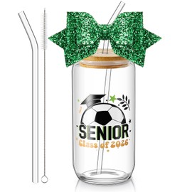 Hushee Class of 2026 Senior Night Gifts 16 oz Glass Water Bottle with Lids Straws Glitter Bow Straw Topper Senior 2026 Tumbler Graduation Gift for Her Women Team Coach Player (Soccer)