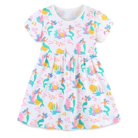 Hongshilian Toddler Girls Cotton Casual Dress Cartoon Print Short Sleeve Dress Girls Summer Sundress(7T,White&Mermaid)
