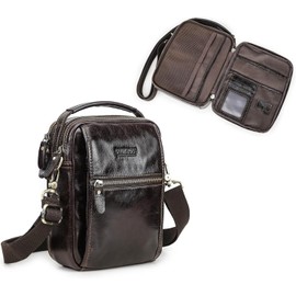 Hiram Bandolera de Piel Auténtica para Hombre con Múltiples Compartimentos, Bolsas Cruzadas de Viaje Vintage Portafolios Portátil Bolsa de Mensajes de Negocios con Asa y Correa Ajustable (Café)