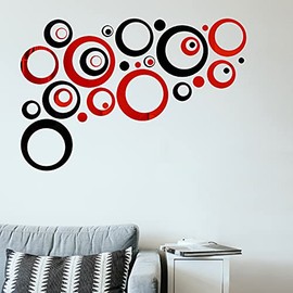 Removable Wall Mirror Sticker Decal Acrylic Setting for Home Living Room Bedroom Decor, 1.5-13.5 cm, 32 Pieces (Red and Black)