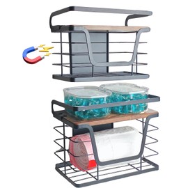 2 Pack Magnetic Trash Bag Holder, Wood Top with Metal Edge(Anti-Fall), Magnetic&Adhesive Mount Garbage Bag Dispenser Organizer for Fridge, Washer&Dryer, Under Sink, Pantry, No Drill, Black