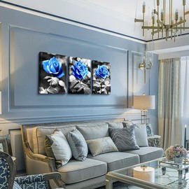 DZRWUBHS Canvas Prints Wall Art For Living Room Family Wall Decor For Kitchen Black And White Pictures Artwork Blue Rose Flowers Wall Paintings Modern Office Bedroom Room Home Decorations 3 Pieces