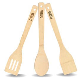 Wooden Spoon, Spatula, and Slotted Spatula For Cooking 3 Piece Organic Bamboo Kitchen Utensil Set With Holder Premium Quality Nonstick Pots & Pans for Everyday Use
