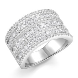 Blongme Wide Wedding Bands for Women 18K White Gold Plated 3 Row Round Princess Cut AAAAA Cubic Zirconia Eternity Stackable Fashion Cocktail Rings Size 5