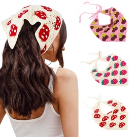 Qlauca 3PCS Crochet Bandanas for Women Knitted Head Scarf Triangle Floral Cute Kerchief