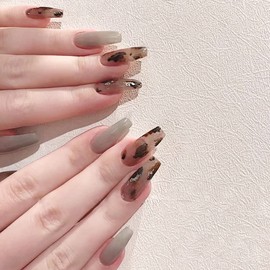 Amber Gold Foil Smudge Nails 24 Pcs French Full Cover Press on Nails Reusable for Women and Girls Daily Decoration