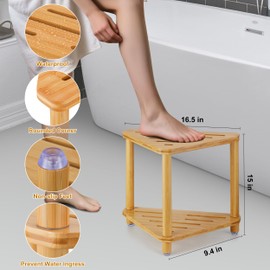 Yaoyiizy Bamboo Corner Shower Stool, Waterproof Shower Stool for Shaving Legs，Shower Foot Rest with Storage Shelf, Corner Shower Bench for Bathroom, Living Room, entryway(Bamboo)