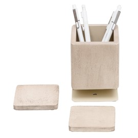 Realspace® Wood/Metal Pen Cup With Coasters, 5-1/4"H x 3-3/4"W x 3-3/4"D, Pine/Gold