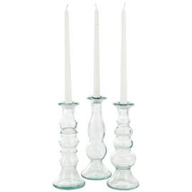Deco 79 Recycled Glass Decorative Candle Holder Candle Stand, Set of 3 Candlestick Holder 9", 9", 9" H, Clear