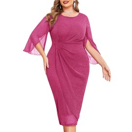 ZOMVA Womens Plus Size Sparkly Mesh Cocktail Dress Ruffle 3/4 Sleeve Round Neck Midi Wedding Guest Party Glitter Dresses, Sparkly Hot Pink, 1X