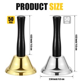 Fumete 100 Pcs Metal Ringing Bells Wedding Dinner Service Call Steel Handbells with Wooden Handle for Wedding Decors Schools Musical Percussion the Sick Elderly Alert(Silver, Gold)