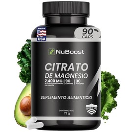 NuBoost - Citrato de Magnesio 400 mg, Alta Absorción - Magnesio en Cápsulas - 2400 mg Citrato por Porción - 90 Cápsulas - Apoyo Muscular y Bienestar - Vegano, Hecho en USA