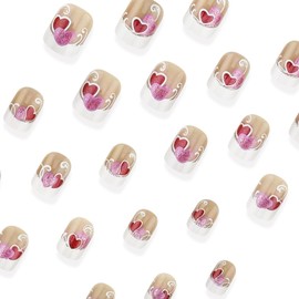 24Pcs Heart Press on Nails Square Valentine's Day Short French Tip Fake Nails with Glitter Pink Red Heart Design Valentine's Glue on Nails Romantic Artificial Nails for Women Acrylic Manicure Salon
