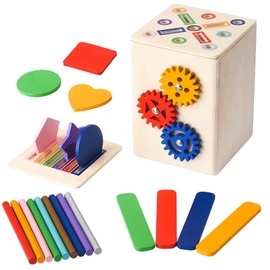 Montessori Wooden Toy from 1 Year 3-in-1 Colours Shapes Sorting Box with Gears and Plug-in Blocks Motor Skills Toy for Toddlers 1-3 Years Learning Toy Sensory Game Gift for Boys Girls
