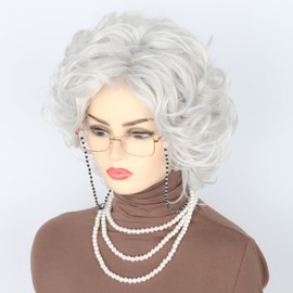 Topcosplay Grandma Wig, Gray, Gray Hair, Necklace with Accessories, Grandma, Stylish, Wig, Elderly, Curly Hair, Cosplay, Manzai, Disguise, Parties, Banquets, Plays, Unisex, Costume, For Stage Use,