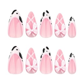 White French Tip Press on Nails Medium Almond Fake Nails with 3D Pink Flower Designs Acrylic Nails Glue on Nails for Women 24 Pcs (White-1, M-1)