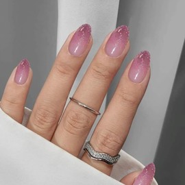 YOSOMMK Lilac Gradient Short Acrylic Press on Nails Almond Cat Eye Acrylic Nails Press ons Glossy Cover False Fake Nail with Glue 24Pcs Glitter Stick on Artificial Nail for Women in 12 Sizes