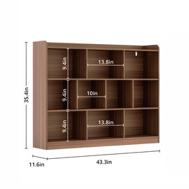 DIYART Brown Bookshelf, Wood Bookcase with 3 Tier Open Shelves, 10-Cube Minimalist Storage Shelf for Living Room, Bedroom, 43.3" W x 35.4" H
