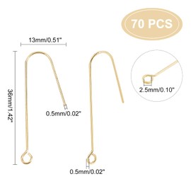 DICOSMETIC Pack of 70 Brass Ear Hooks 18 K Gold-Plated Earring Hooks Fishing Hooks with 2.5 mm Hole Stainless Steel French Earring Hooks for DIY Jewellery Earrings, Pin: 0.5 mm