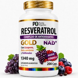 Resveratrol + NAD, Gold 200 Cápsulas | Transresveratrol + Polifenoles, Betacaroteno, Licopeno. Vitamina C y NAD+ | Complejo de Antioxidantes | 100% Vegano | Purely Organics.