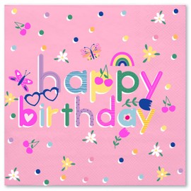WRAPAHOLIC 50Pcs Pink Happy Birthday Napkins - 3-Ply Disposable Paper Luncheon Napkin for Girls Happy Birthday Party - 6.5 x 6.5 In