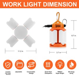 60w LED Temporary Work Light,9000Lm 5000K Super Bright Construction Lights 4 Adjustable Light Panels,Led Work Light IP67 Dust Waterproof with Hook Portable Linkable for Job Site Garage Lighting
