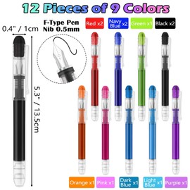 Mulaibdin Pack of 12 Disposable Fountain Pens, 9 Colours Fountain Pens, Primary School, Calligraphy Fountain Pen Set, High-Quality Coloured Pens for Sketching, Doodling, Journaling, Gifts (0.5 mm)