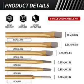 ZFYOUNG 6 Pcs Cold Chisel Set - Flat Chisel, Center Chisel, Punch and Chisel Set, Rock Chisel Set,with Canvas Bag, Cone Chisel for Brickwork, Rock,Metal,Concrete and Stone.