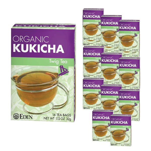 Eden Kukicha Organic Roasted Twig Tea, George Ohsawa Macrobiotic, Low Caffeine, 16 Unbleached Manila Tea Bags/Box (12-Pack Case)