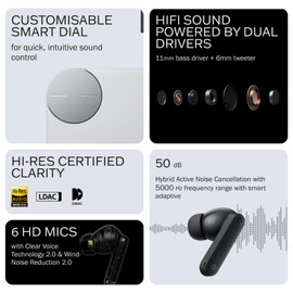 CMF Buds Pro 2 Wireless Earbuds with Smart Dial, 50dB Hybrid Noise Cancelling Earbuds Wireless Bluetooth 5.3, 11mm Bass with LDAC, 6 Hi-Res Audio Mics, 43H Playtime, Fast Charging Case, Light Grey