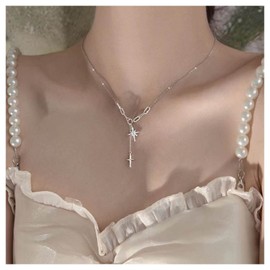 Allereya Vintage Crystal North Star Y Necklace Rhinestone Starburst Y Lariat Necklace Tiny Cross Pendant Necklace Silver Paper Clip Chain Necklace Jewellery for Women and Girls