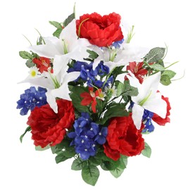 Admired By Nature 24 Stem Artificial Flowers Faux Hydrangea Peonies Bush Spring Faux Flower Arrangement Indoor Wedding Home Decor Living Room, Cemetery Decorations for Grave, Red White Blue
