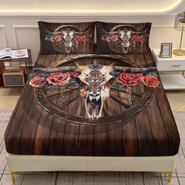 AILONEN Bull Skull Fitted Sheet Set Twin XL Size,Red Rose Cow Skull Bed Sheet Set for Kids Girls,Wood Wagon Wheel Bohemian Fitted Sheet with 2 Pillowcases,3Pcs
