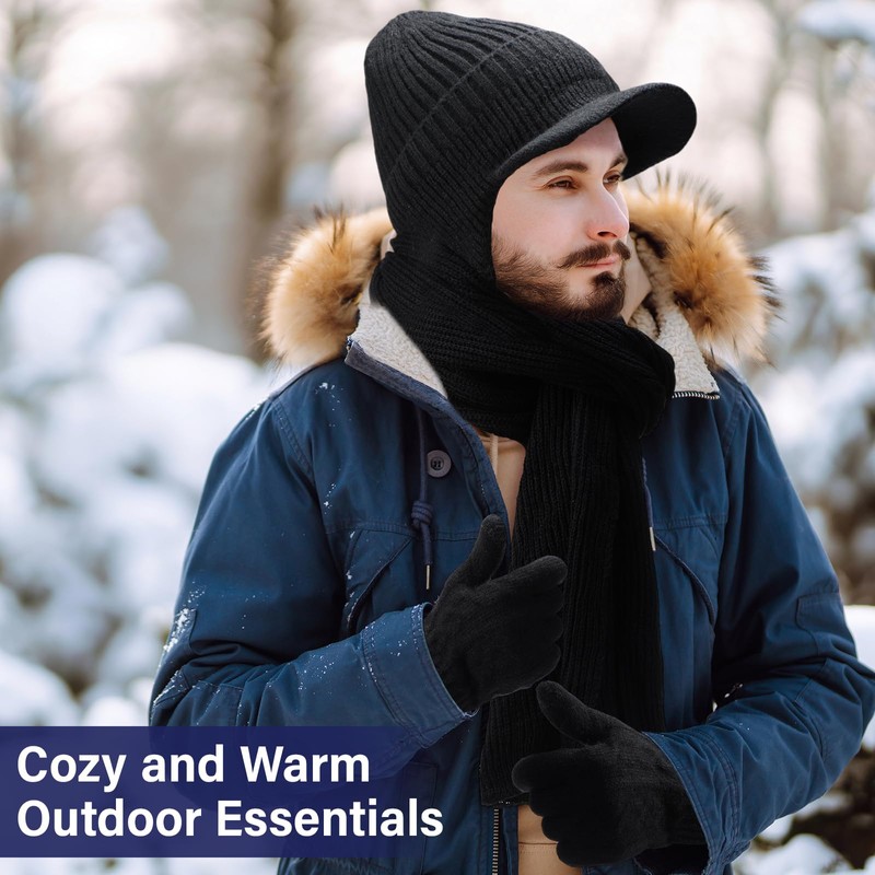 Jeere 8 Pcs Winter Warm Set for Men Black Knitted