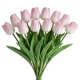 12 Pcs Artificial Light Pink Tulips | Real Touch Latex Tulips, Lifelike Artificial Flowers for Vase Decor | Bridal Bouquet Wedding, Living Room Table Decor, Peach Pink Artificial Flower Arrangement