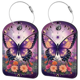iapodiad 2 Pack Cute Luggage Tag for Suitcases Bright Night Butterflies Leather Luggage Tags with Stainless Steel Loop Privacy Flap Name Tags,Men and Women Travel Bag Suitcase Tags