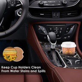 2 Pack Car Coasters for Cup Holders Absorbent 2.56", Romantic Sunflower Leaves Farmhouse Wooden Flower, Decor Floral Rustic Farm Wood Leaf Green Ceramic Drink Coasters Cork Base Gift for Women Men