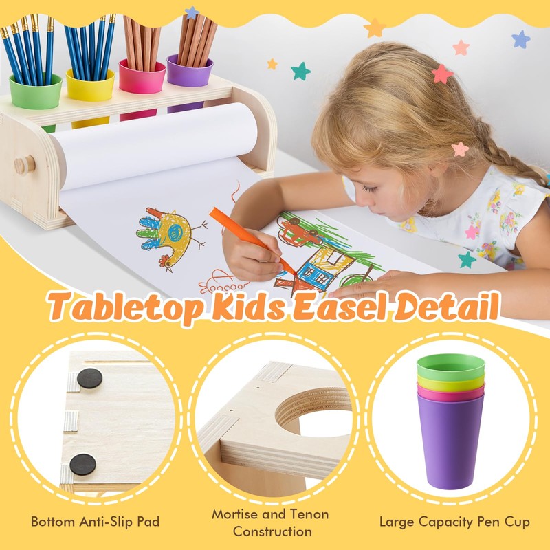 YOKUGO Kids Art Easel with Paper Roll Wooden Tabletop Paper
