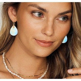 Wovanoo Natural Stone Earrings for Women Boho Dangle Drop Earrings Gemstone Fishhoop Statement Gold Earring Egg White Gold