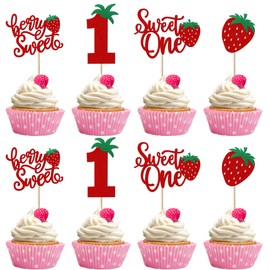 ZHUOWEISM 24 PCS Sweet One Cupcake Toppers Glitter First Birthday Strawberry Cupcake Picks for Fruit Baby Shower 1st Birthday Berry Sweet Cupcake Decorations Party Supplies Red