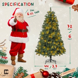 CAPHAUS 6 Feet Premium Pre-lit Artificial Christmas Tree w/ 250 LED Lights, Full Holiday Fake Xmas Tree w/ 800 Branch Tips Pre-Hinged & Foldable Stand for Indoor, Office, Party Decoration