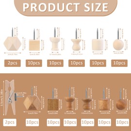 Wood Push Pins, 114 Pcs Decorative Thumb Tacks Wooden Head Pin Wood Map Tacks Marking Pin（2 Colors and 7 Types）, Wood Thumb Tacks Decorative for Bulletin Boards Craft Projects with Storage Box