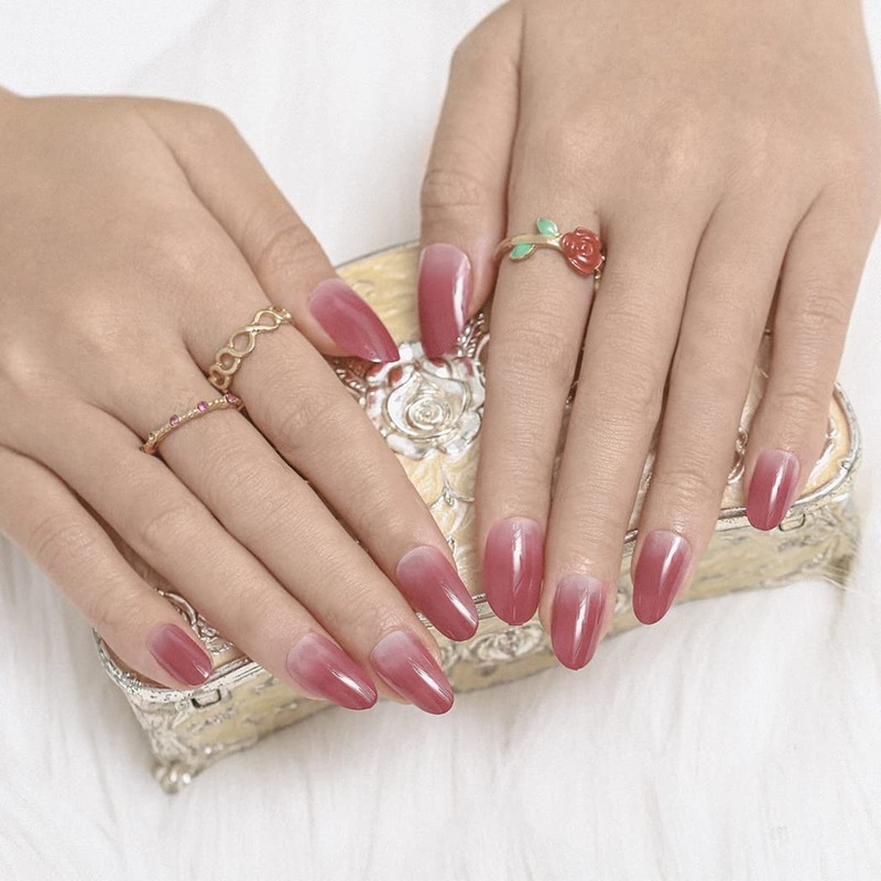 Sethexy Ballerina False Fingernails Pink Shiny Nails Stick On Ombre